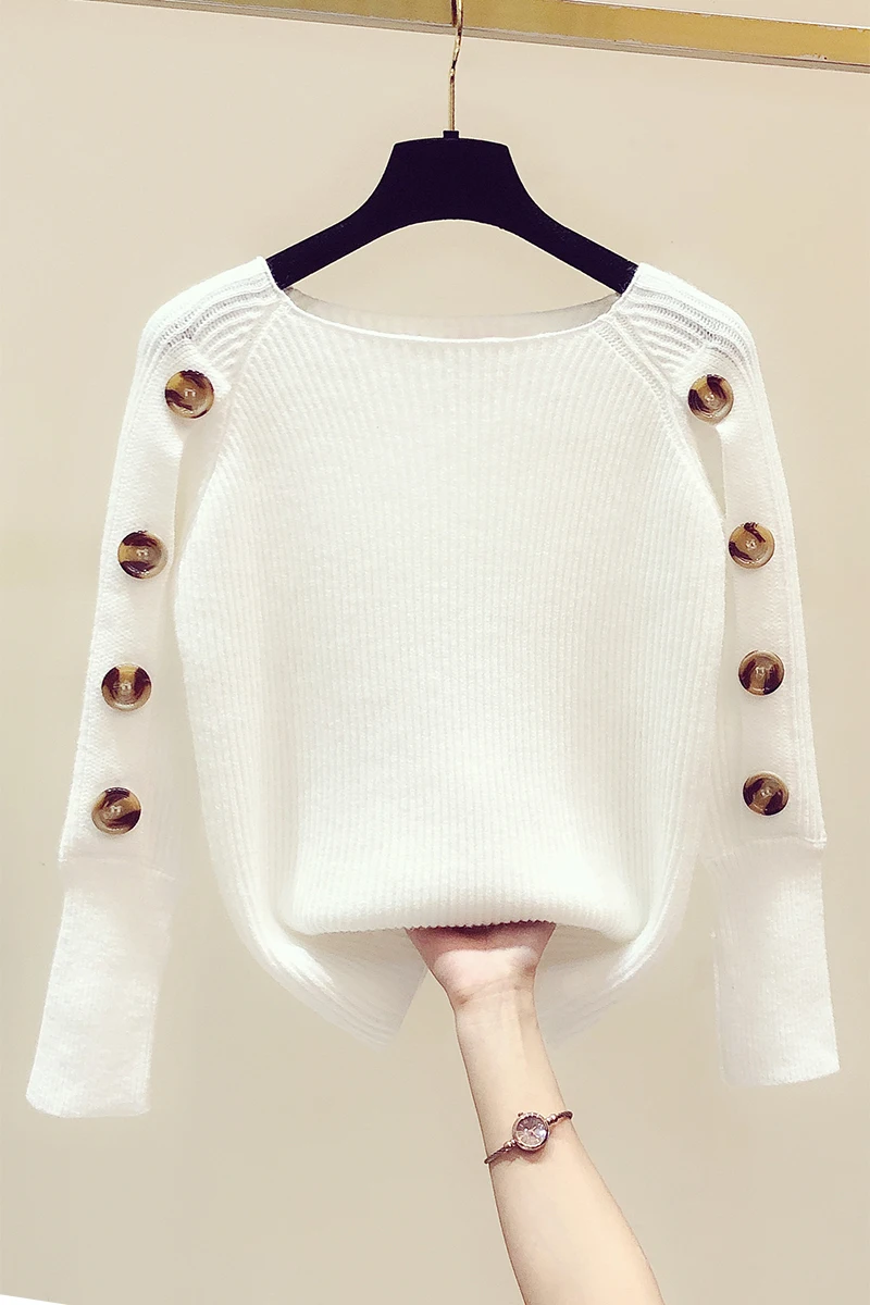 

Fall/Winter Knitwear 2020 New Button Long Sleeve White Sweater Women's Round Neck Loose Sweaters Coat Girls Casual Knitted Top