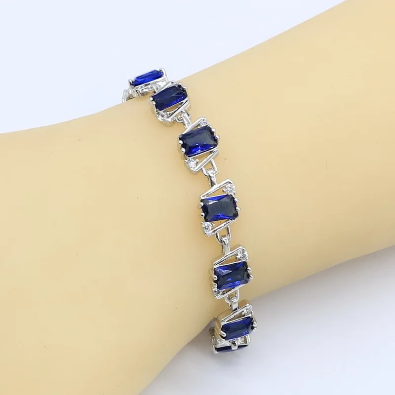 Dark Blue Zircon 925 Silver Jewelry Sets for Women Bracelet Earrings Necklace Pendant Ring Gift Box