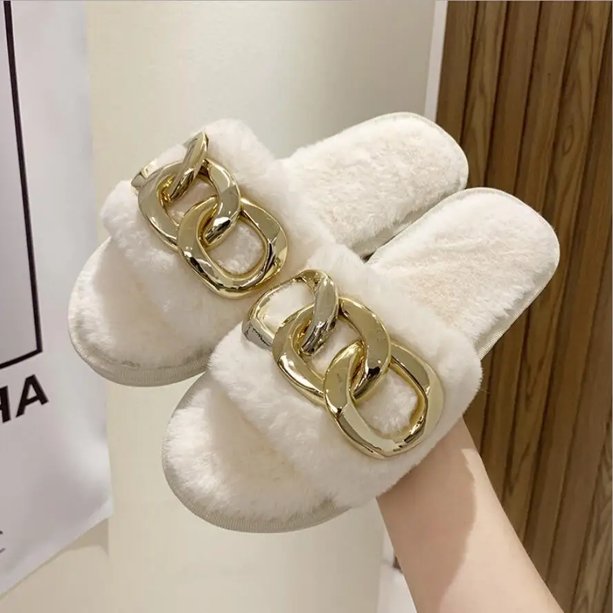 

Women Furry Slides Metal Chain Fluffy Slippers Faux Fur Flip Flops Plush Home Slippers Flat Sandals Ladies Luxury Designer Shoes