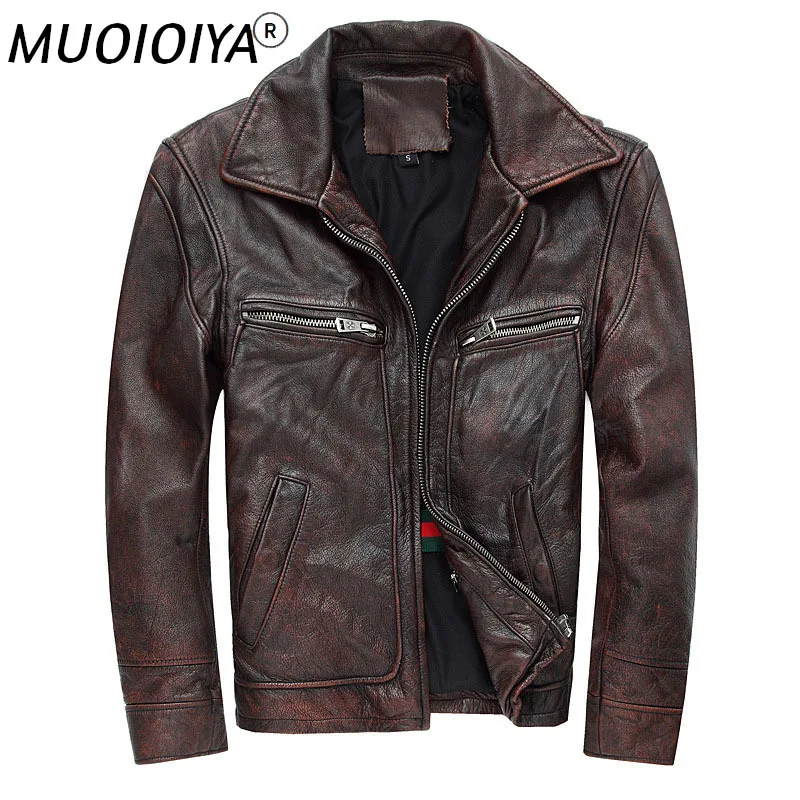 

2021 New Men Retro Vintage maroon Genuine Leather Jacket Fashion Motorcycle Leather jackets Cowskin Winter Coats