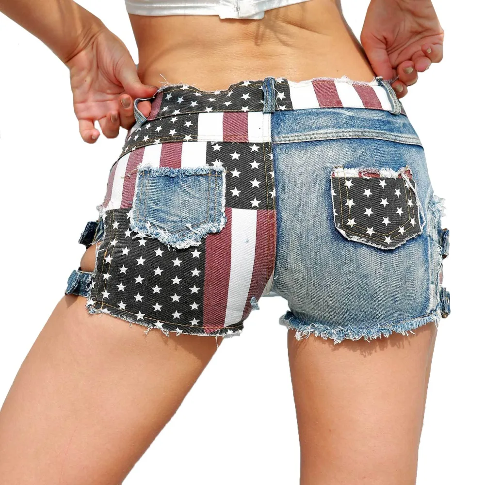 New  Sexy Women's High Waist Hole Jeans Shorts American Flag Printed Daisy Duke Ripped Denim Shorts