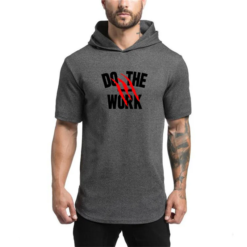 

New Cotton Summer Brand Muscle Casual Gyms Clothing Bodybuilding Fitness Mens Fashion Extend Hip Hop Hooded Short Sleeve T-shirt