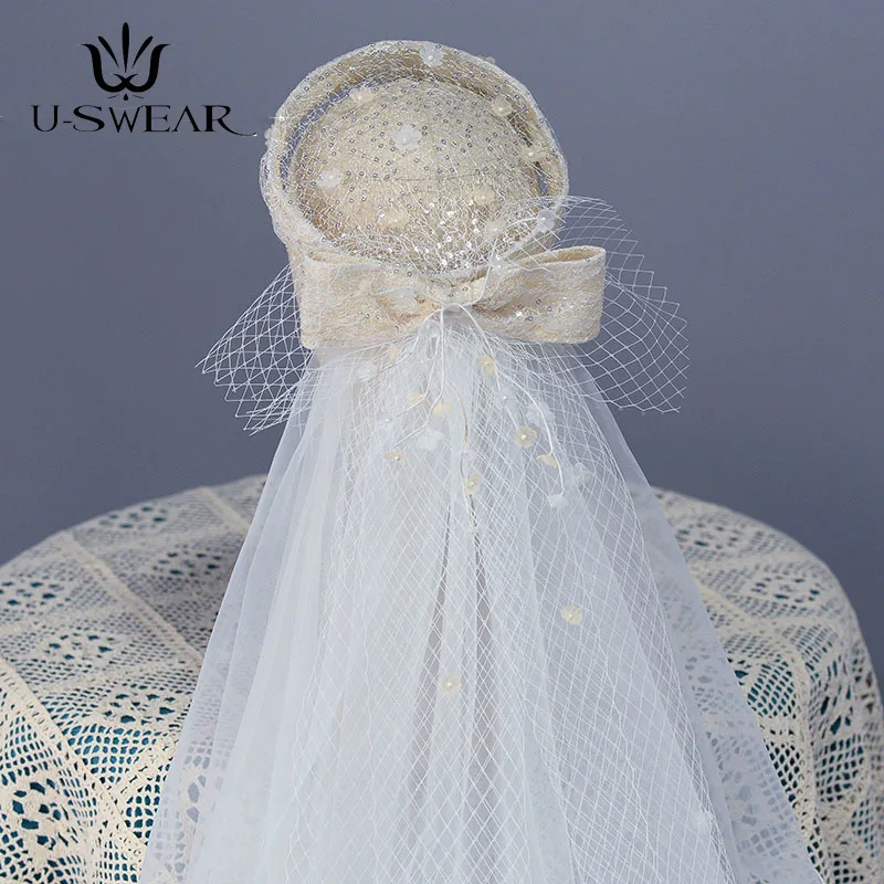 Шляпа для невесты ручной работы шелковая льняная сетчатая Фата сценический