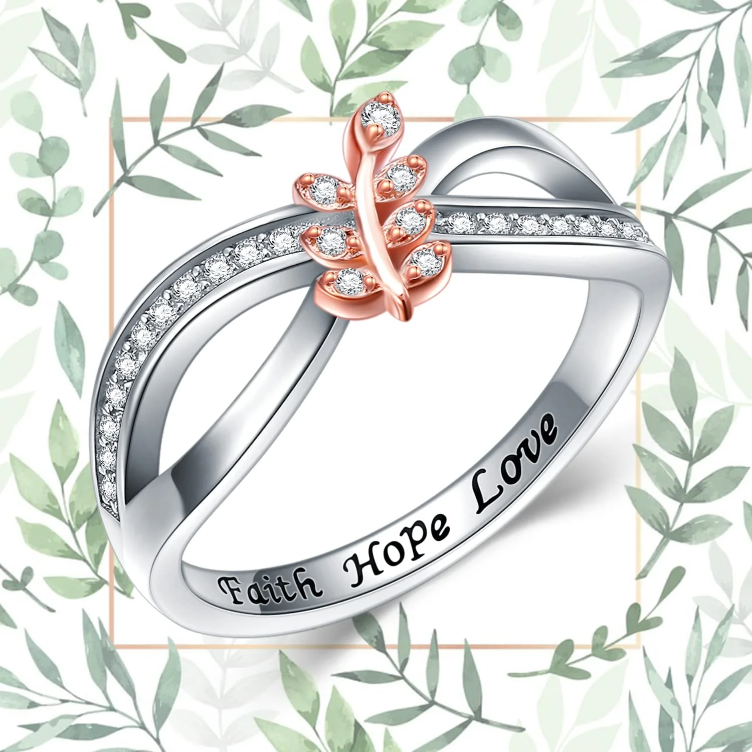

Silver Engraved Faith Hope Love Criss Cross Olive Leaf Ring for Women Rose Gold Leaf Cubic Zirconia Jewelry Gifts Anillos Mujer