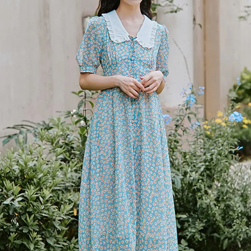 

Women Chiffon Dress 2021 Summer Fashion Female Puff Sleeve Vintage Floral Print Peter Pan Collar Boho Dress Casual Vestidos