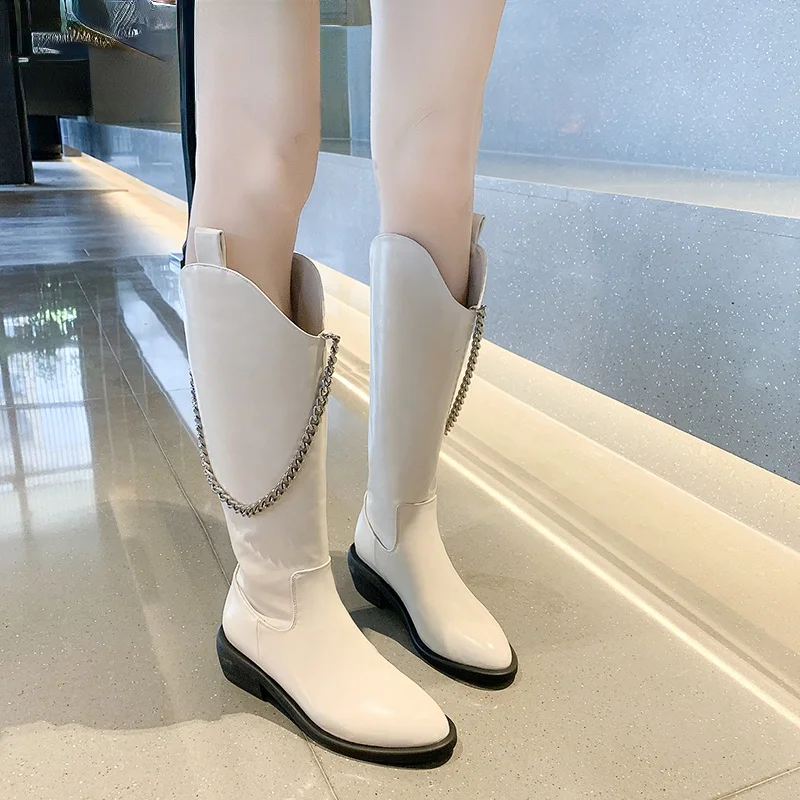 

Модные женские сапоги до колена на цепочке, женская обувь, осень/зима 2021, новый стиль, искусственная кожа, с острым носком, ботинки на среднем...