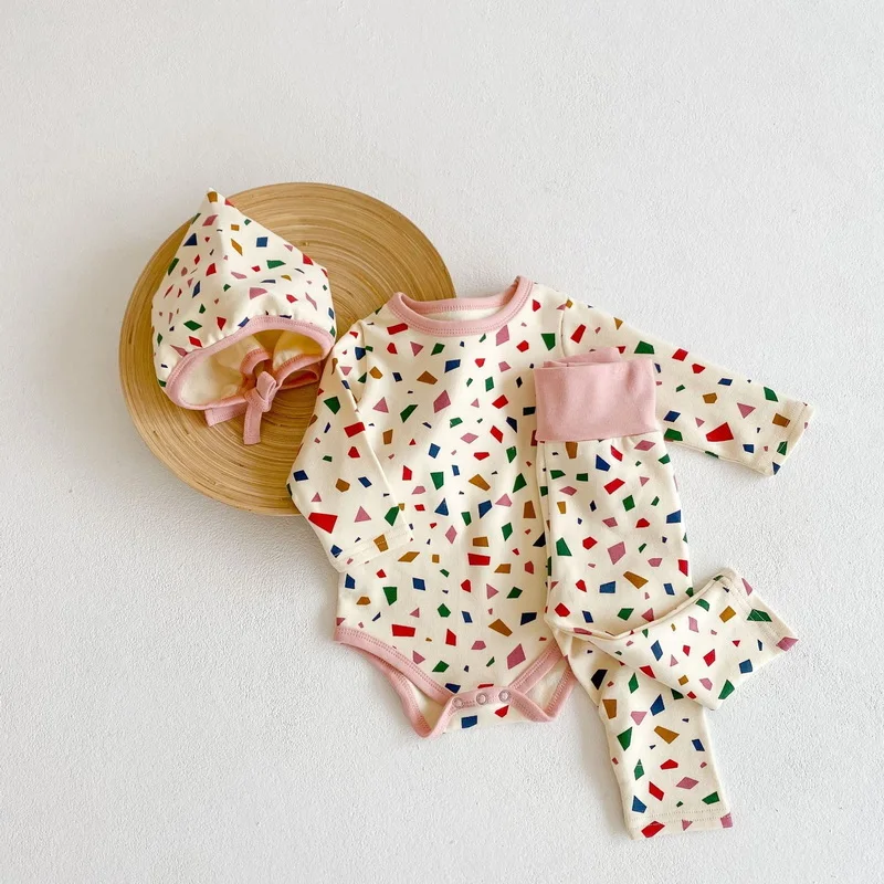 Monos con estampado de pol&iacute;gono para ni&ntilde;as, mono de manga larga con cuello redondo, pantalones y gorro, ropa para beb&eacute;s de 0 a 3 a&ntilde;os, E6092, novedad de Oto&ntilde;o de 2021-4
