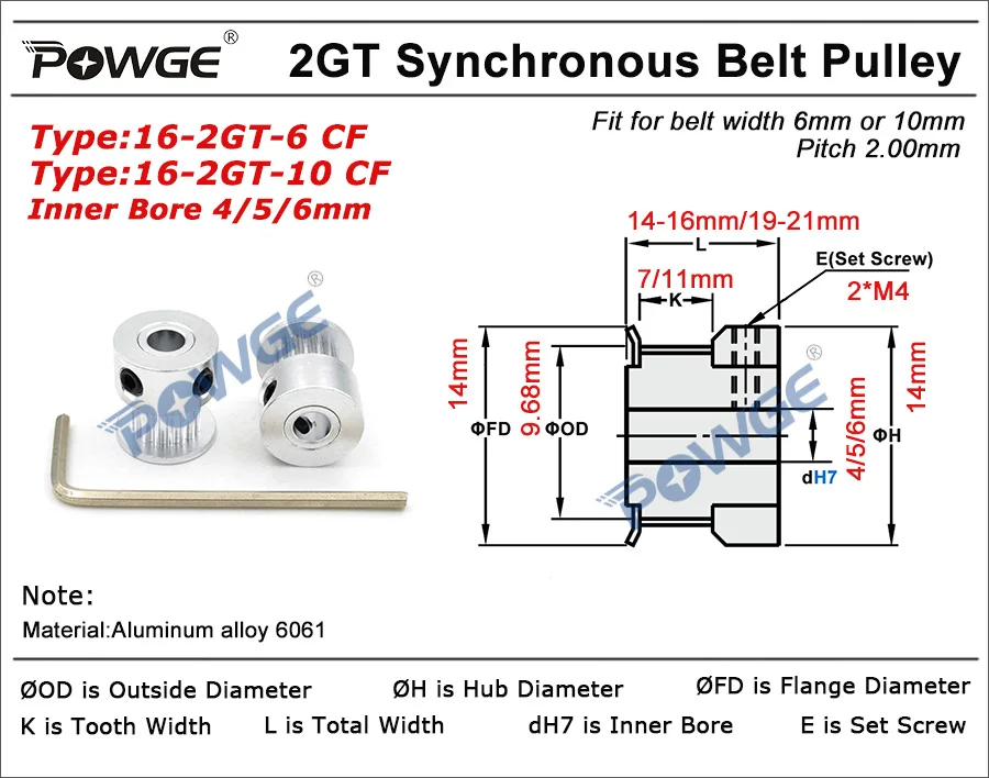 POWGE дуги GT 16 зубчатые 2GT зубчатый шкив Диаметр 4/5/6 мм для GT2 зубчатый ремень высокое качество, шириной 6 мм/10 мм небольшой зазор 16 зубчатые 16T