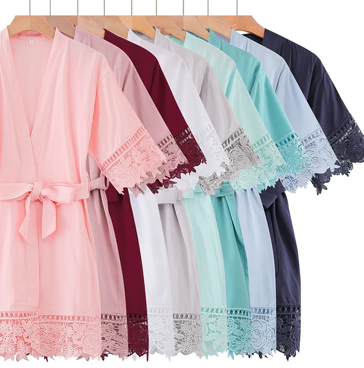 Rayon Cotton  Lace trim Robe Bride Robe Bridesmaid Robes Bridal Wedding Robe Sleepwear Bathrobe Dressing Gown White women Robes