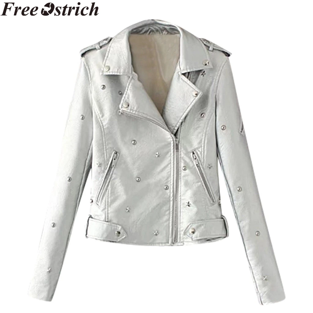 Женская кожаная мотоциклетная куртка с заклепками повседневная однотонная на