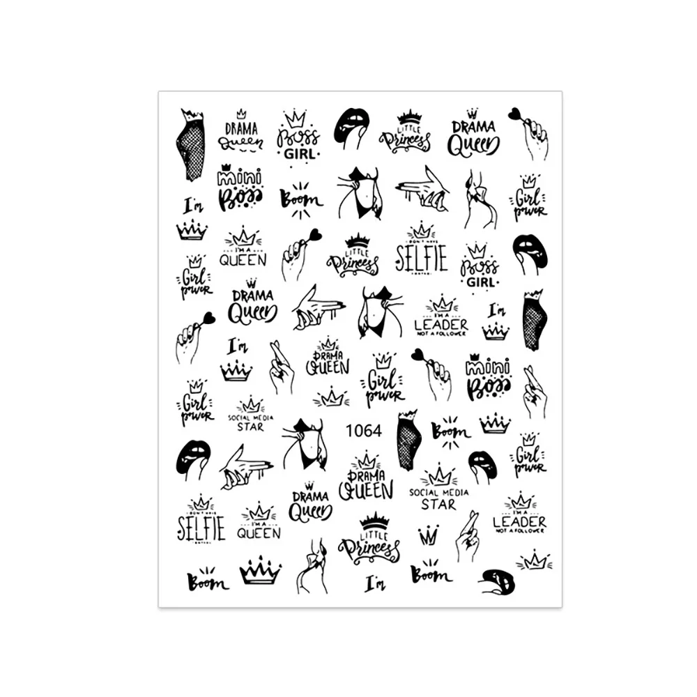 

Old School Retro Style Nail Stickers Solid Black Nails Decal Art Decoration Floral Flowers Print Letter Heart Shaped Geometry