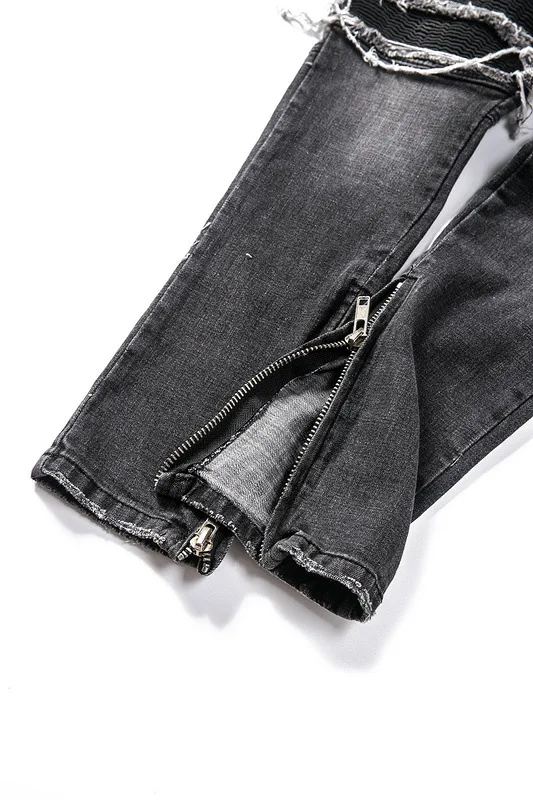 

PYJTRL Autumn And Winter Men's Black Cut Hole Patch Elastic Slim Fit Small Leg Jeans