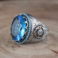 2021 vintage inlaid sea blue zircon surrounded by small grain turquoise wrapped mens ring exclusive for wedding party