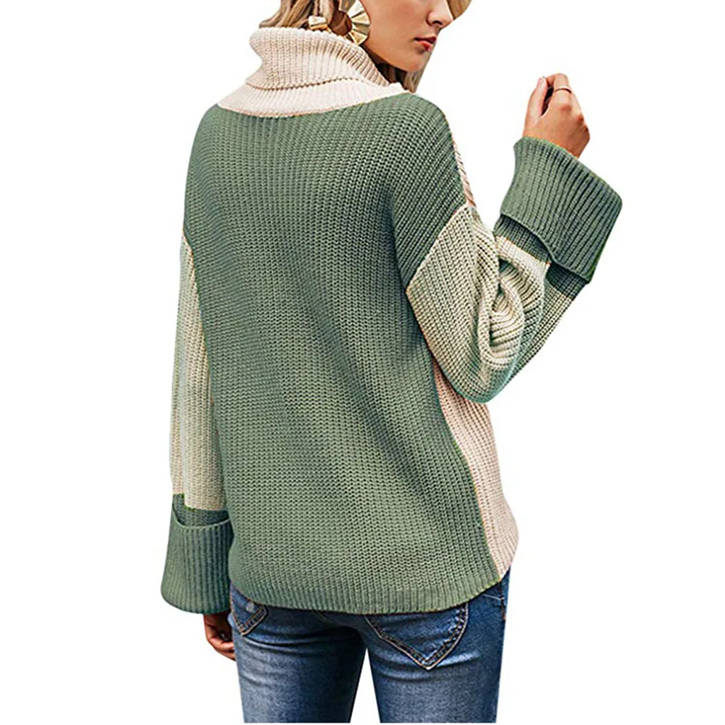 Женские Лоскутные свитеры с высоким воротом 2019 зимний теплый повседневный пуловер длинным рукавом женские