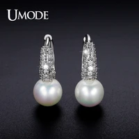umode fashion woman jewelry newly issued tiny cz pave simulated pearl small rhodium color cute girls hoop earrings ue0123