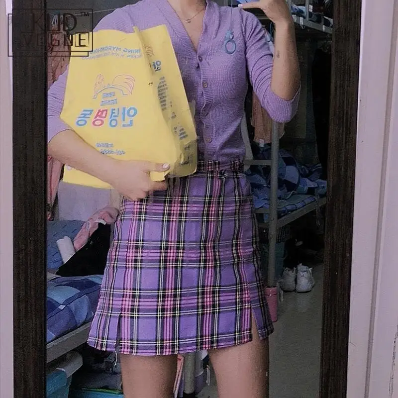 

Женская клетчатая мини-юбка с двумя маленькими разрезами спереди, на молнии сзади, Корейская кавайная фиолетовая юбка в стиле Харадзюку