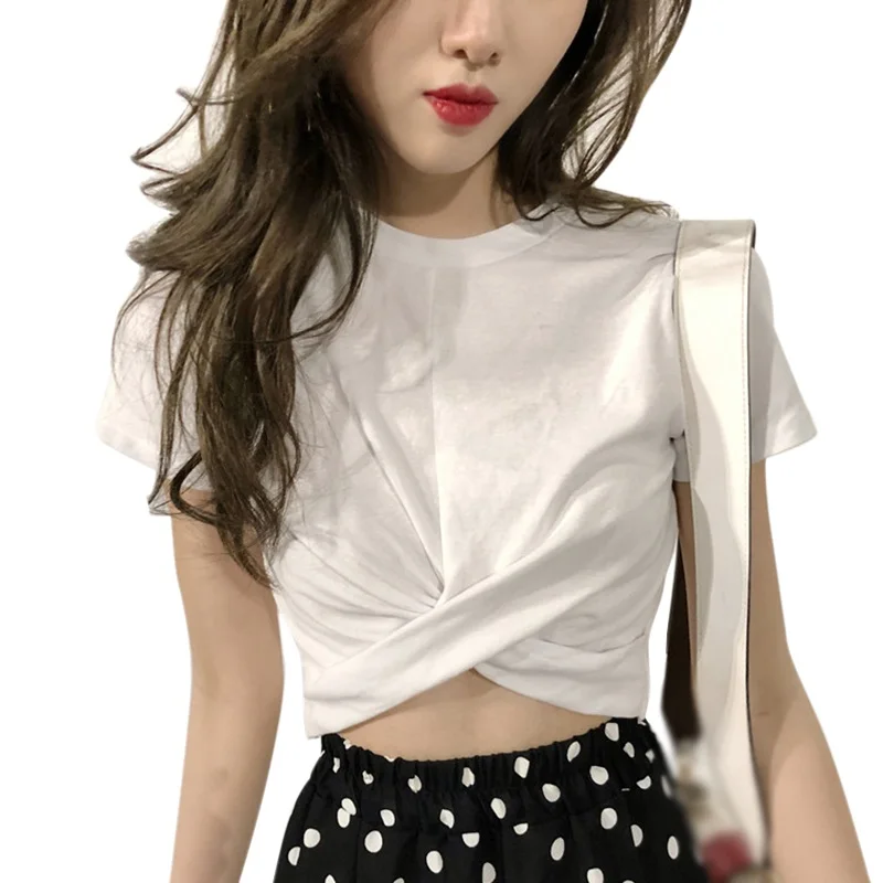 

Облегающая короткая футболка в Корейском стиле с коротким рукавом до пупка футболка с высокой талией внутри женские топы