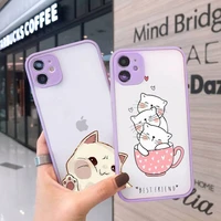 cute cartoon cat phone case for iphone 12 11 mini pro xr xs max 7 8 plus x matte transparent purple back cover