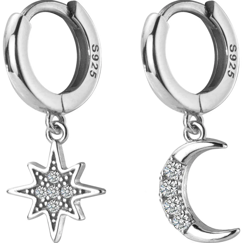 Женские серьги-кольца из серебра 100% пробы с Луной и звездами