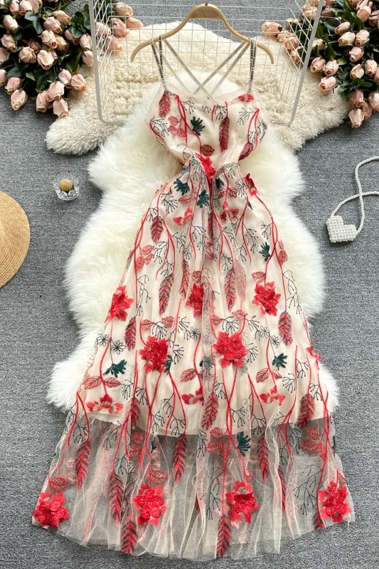 

Lady Retro Embroidery Gauzy Backless Strap Dress Women's Summer Dress Female Bandage Dress Formal Dress