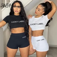 summe 2021 lucky lable letter embroidery black white two piece sets women short sleeve tophigh waist biker shorts casual outfit