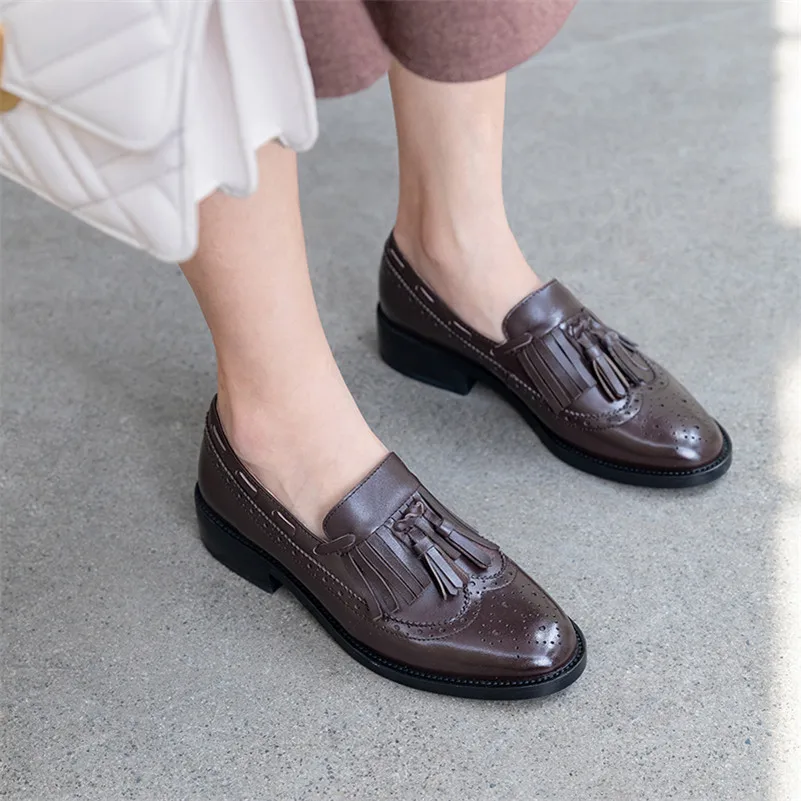 

Meotina High Heels Women Shoes Natural Genuine Leather Thick Heel Loafers Shoes Cow Leather Fringe Round Toe Pumps Female 34-39