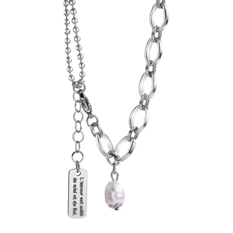 

European and American fashion retro trend long hip-hop smiling face pearl pendant titanium steel lady necklace