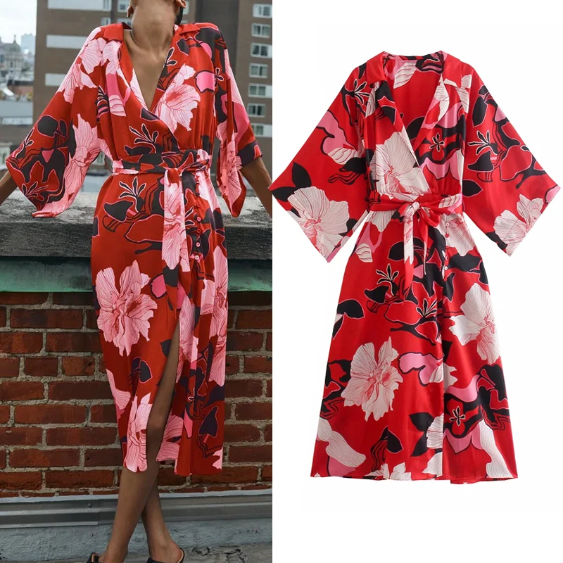 

Za Floral Wrap Dress 2021 Woman Casual Chic Kimono Long Dress Red Female Autumn Vintage Print Belt Tied Mid Dresses Loose