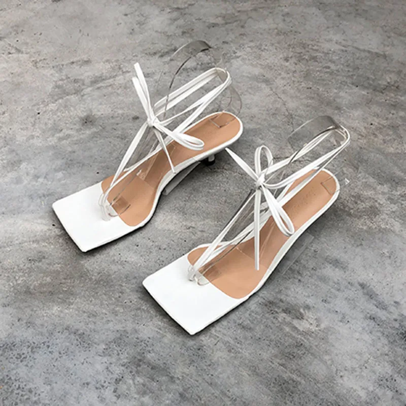 Женские сандалии на тонком каблуке [DEAT] черные прозрачные из искусственной кожи с