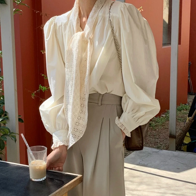 

Korean Sweet Blouse Shirt Women Long Sleeve Bow Tie Collar Blusas Elegant Office Ladies Casual Korean Tops Fashion 2021 Spring