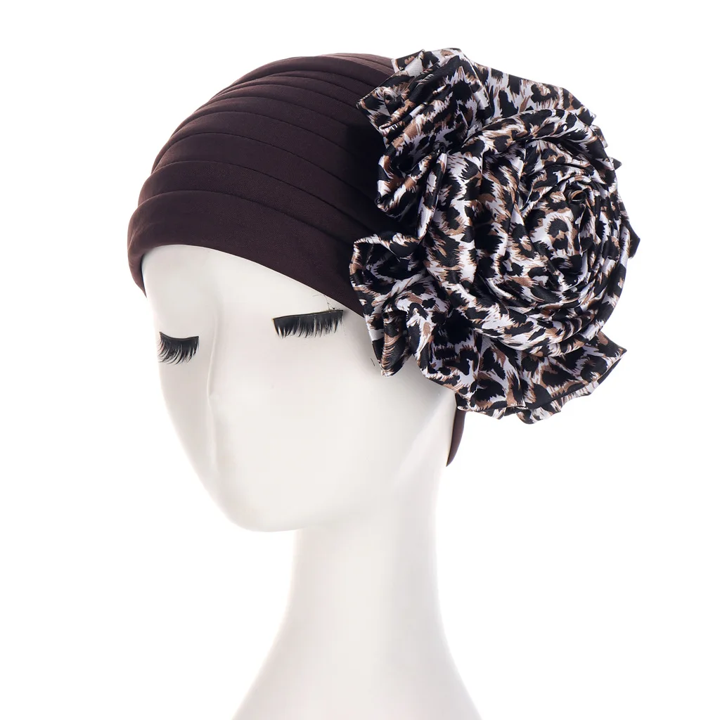 

2021 Exaggerated Flower Muslim Women's Elastic Bandana Hat Fashion Accessories Pleated Indian Hat Sticker Musulmane Hair Scarf