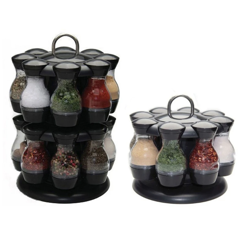 

8 Pcs/16 Pcs Spice Jars Set with Round Rotatable Storage Rack Cruet Condiment Salt and Pepper Seasoning Cooking Bottle