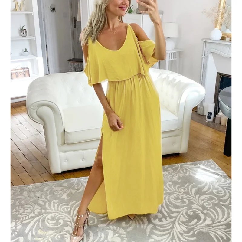

Sexy Strapless Off Shoulder Ruffled Long Dress Split Short Sleeve 2020 Summer Casual Solid Yellow Color Elastic Dresses SJ5995C