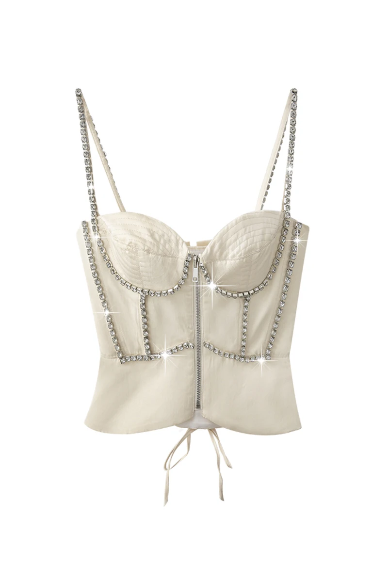 [DEAT] new summer fashion women straps camsio drawstring bra metal stone chain spliced sexy top female outfits WR61512