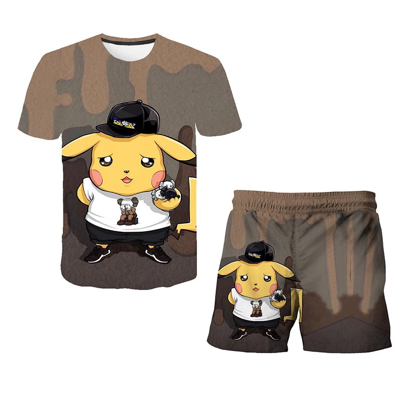 

2021New Pikachu Teens Children's 3D T-Shirt+Shorts Set Boys And Girls Summer Casual Suit Children's 3d Tshirt+Shorts Tee