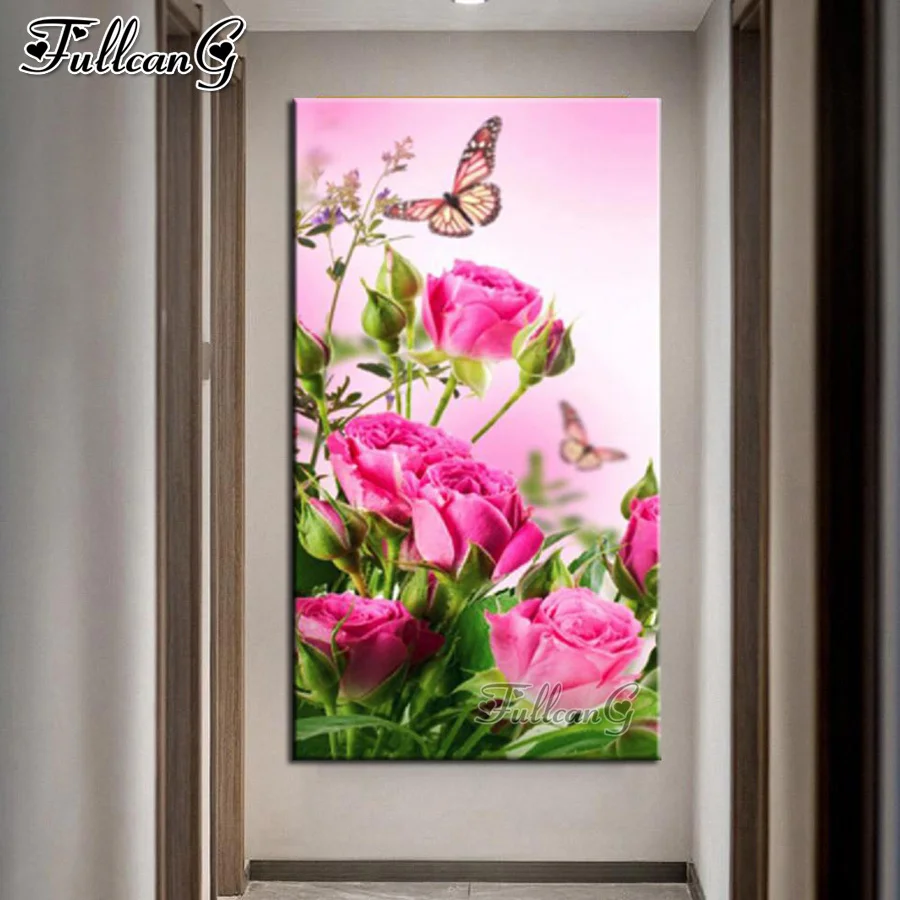 

FULLCANG Pink rose flower butterfly 5d diy large diamond painting full square round drill rhinestone embroidery kits FG0276