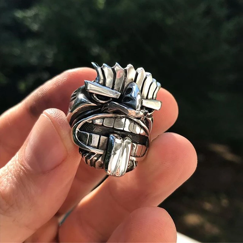 EYHIMD Māori Mythology Stainless Steel Tiki Totem Rings Mens Tribal Unique Biker Amulet Jewelry