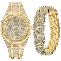 2pcsset watch bracelet for men cuban chain charm bracelet iced out watch for men simple diamond gold watch set hip hop jewelry