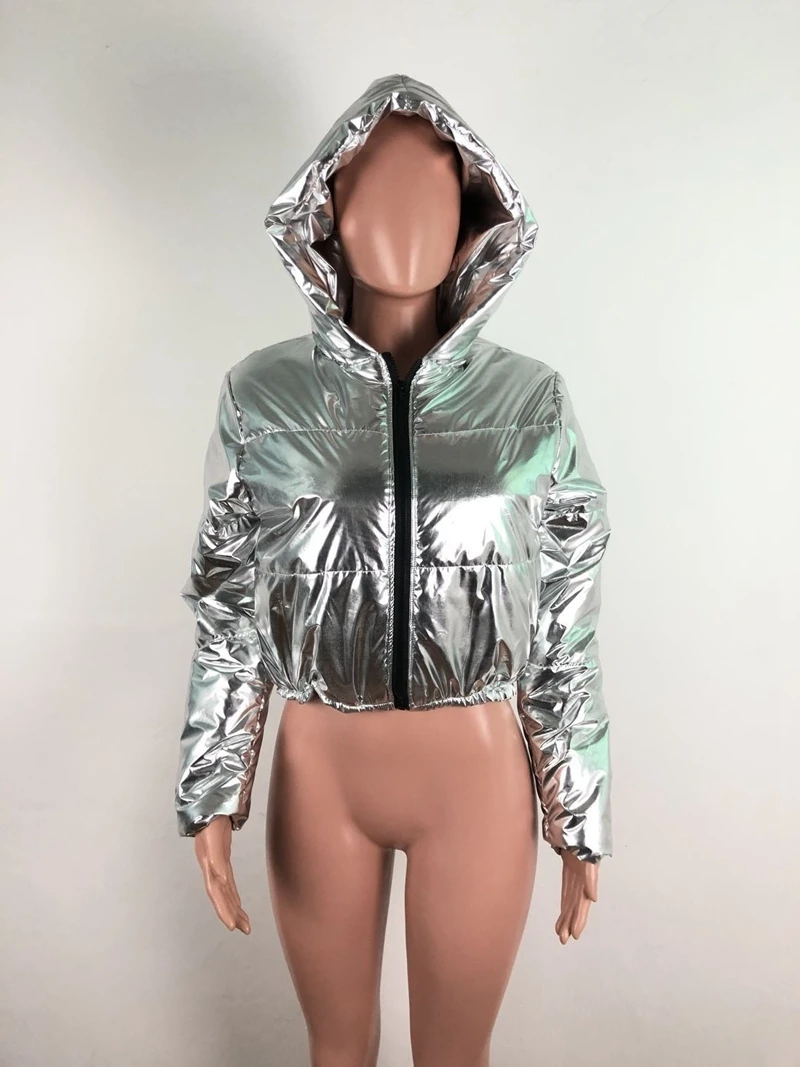 Reflective Silver Leather Winter Jacket Women 2020 Festival Warm Hooded Down Parkas Padded Crop Bubble Coat Ladies Puffer Jacket