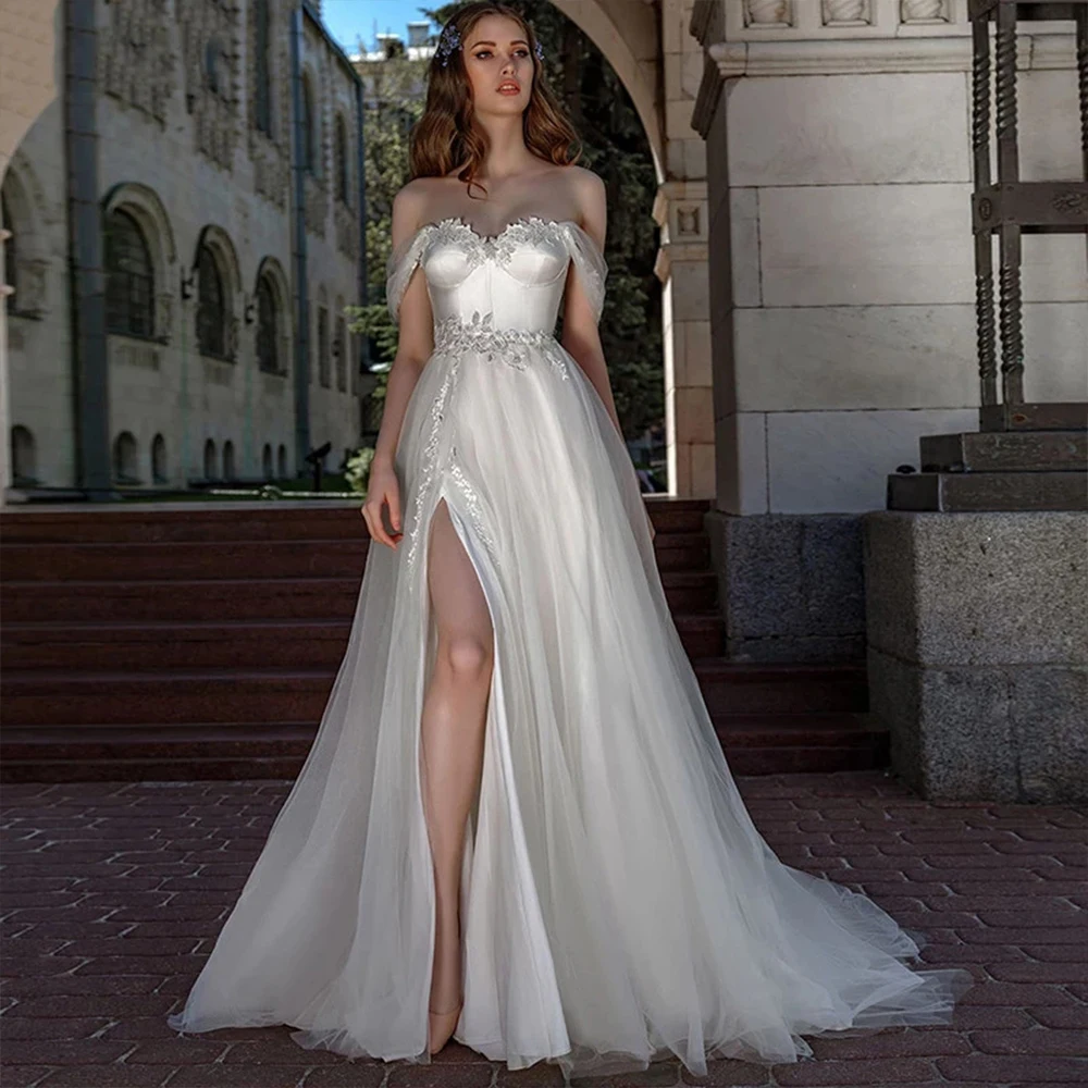 

A Line Wedding Dresses Strapless Gowns Three-Dimensional Lace Applique Sexy High Split Robe