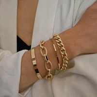 4pcsset punk cuban chain bracelets set for women multilayer miami boho thick gold color bracelets on hand fashion women jewelry