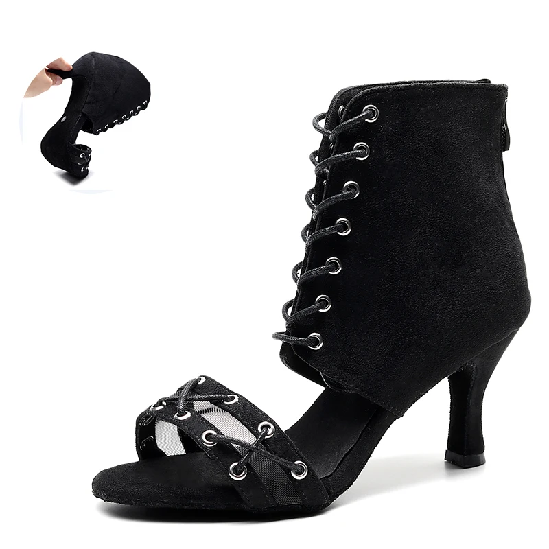 Women Lace-up Ballroom Dance Shoes Girls Black Red Soft Bottom Bachata Salsa Latin Dancing Shoes for Party Ladies Strappy Heels