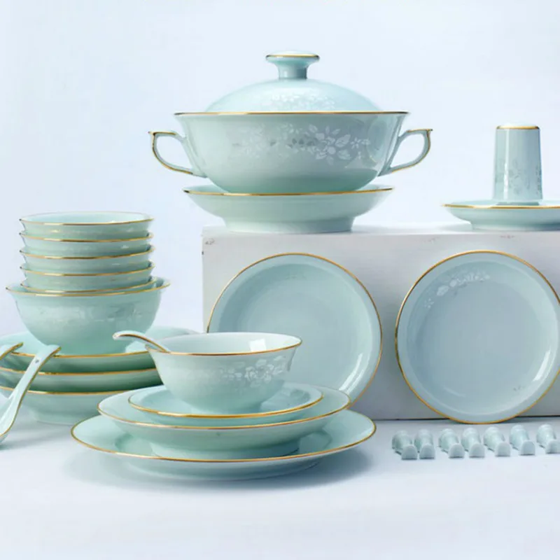 

Набор посуды в китайском стиле Celadon, набор посуды, бытовая китайская чаша с золотистыми краями, Высококачественный простой подарок