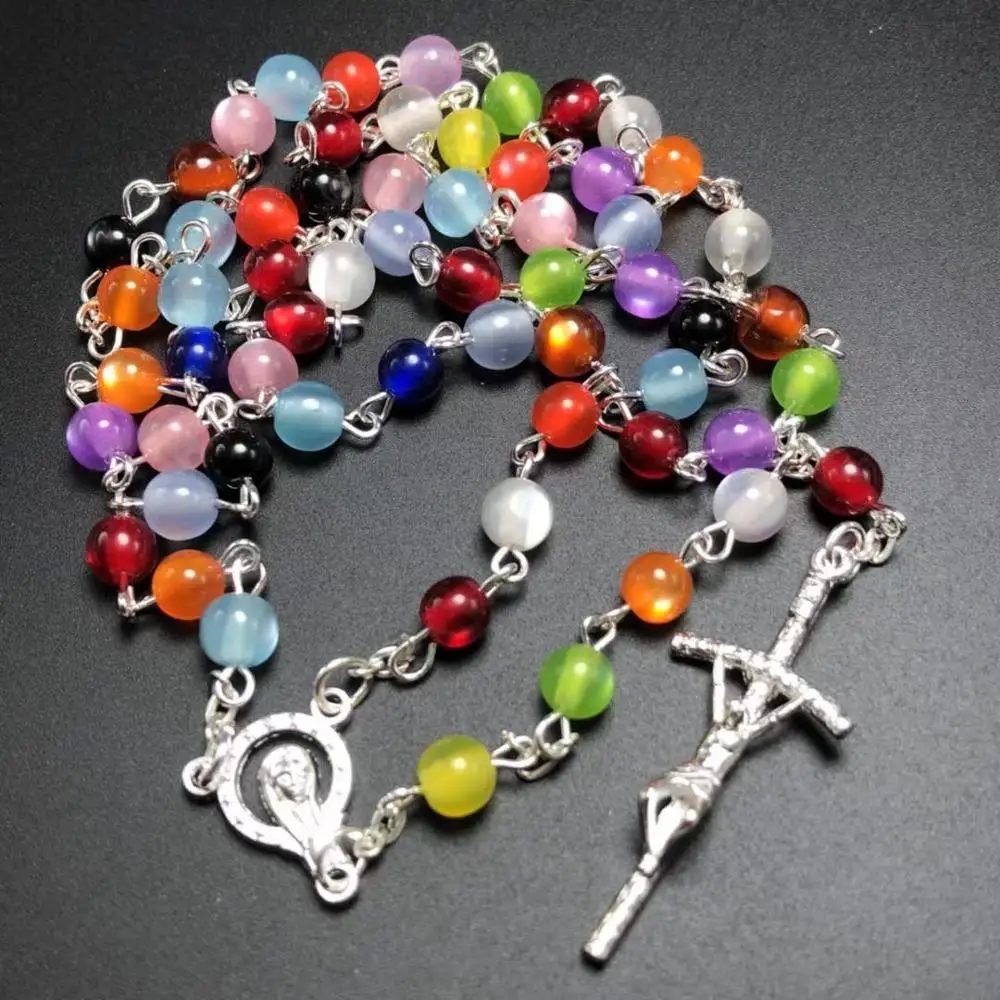 Бесплатная доставка 1 шт./набор Разноцветные католические четки ожерелье, красивые 6 мм Искусственные бусины кошачий глаз четки, католический распятие кулон ожерелье