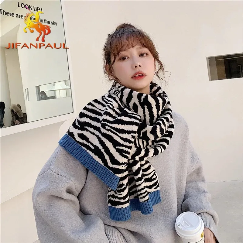 

JIFANPAUL 2021 new fashion winter unique zebra pattern color matching knitted wool scarf female wild trend warm scarf