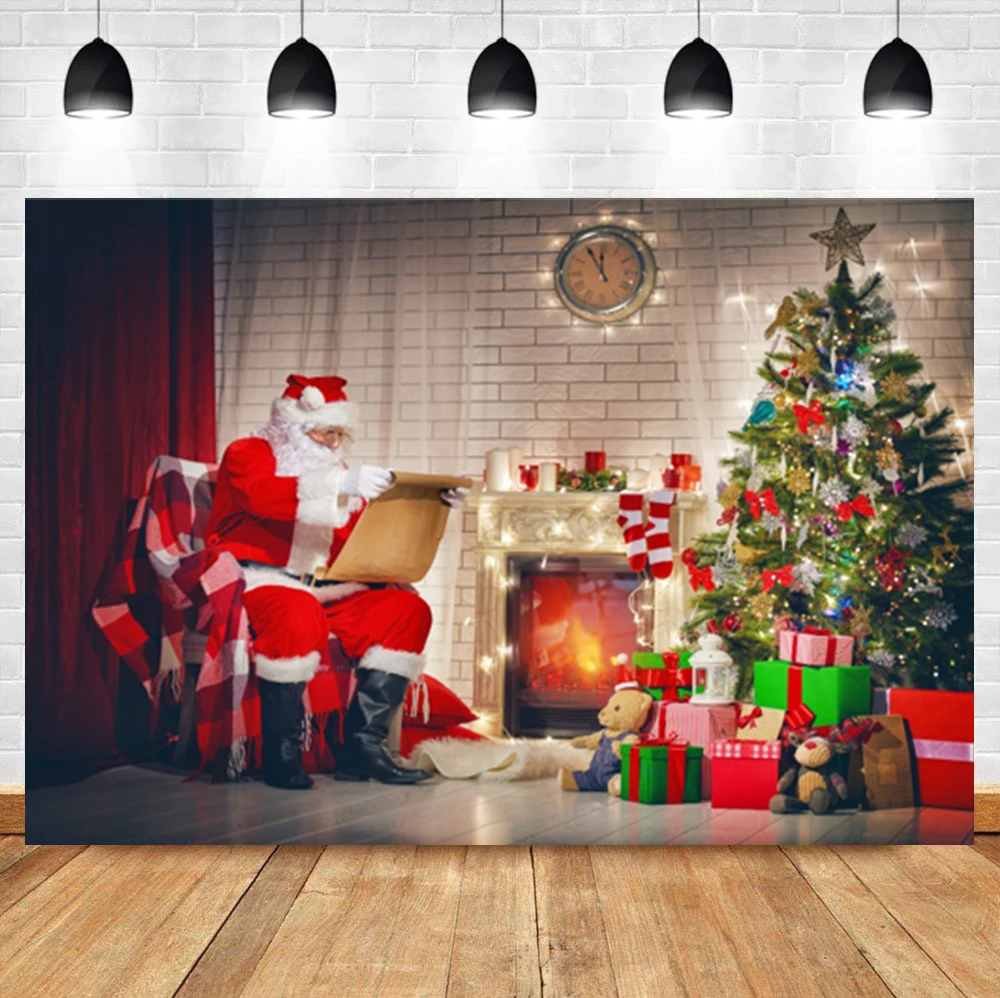 Laeacco Interior Santa Christmas Tree Fireplace Gifts Birthday Photo Photography Backdrop Photo Background For Photo Studio laeacco christmas photophone fireplace burning fire wood interior photography backgrounds photo backdrops for photo studio props