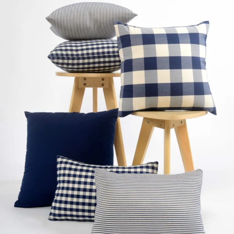 

DUNXDECO Cushion Cover Decorative Pillow Case Cojines Mediterranean Simple Check Cotton Yarn Dyed Blue Throw Shame Chair Cushion