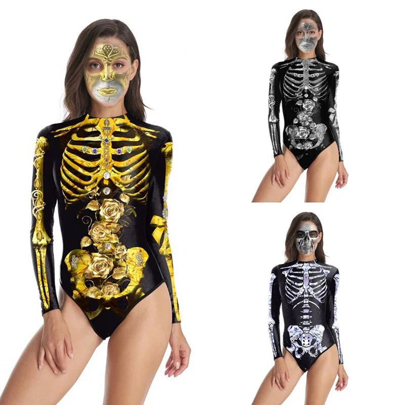Комбинезон женский Хэллоуин Новый боди 3d цифровой принт длинный рукав молния