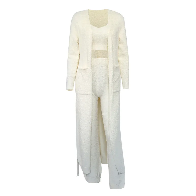 

WANYUCL new women's autumn and winter fashion plush lace long three-piece suit with belt bathrobe home service jacket