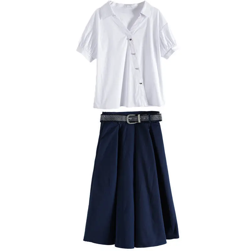 

2021 New Summer Short Sleeve V-neck Shirts Bouses and Knee Length Skirt 2 Piece Set Ol Fashion Skirts Suits